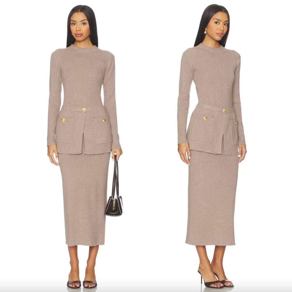 Maude Taupe Long Sleeve Knit Dress with Pocket Detail